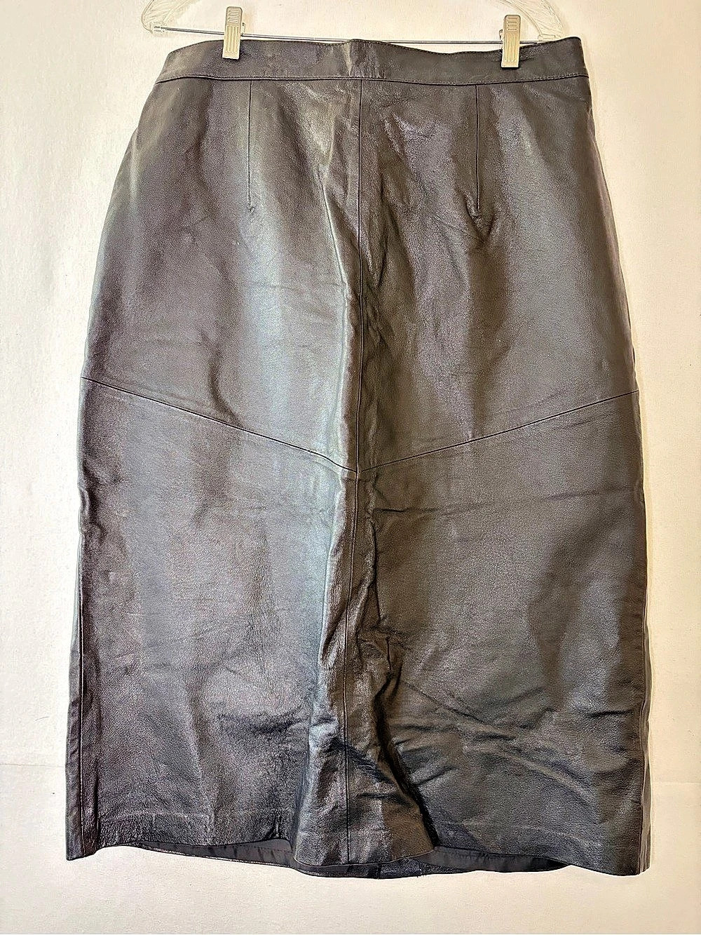 Vintage 90s Venezia Black Genuine Leather Midi Pencil Skirt Size 16 Lined Back S